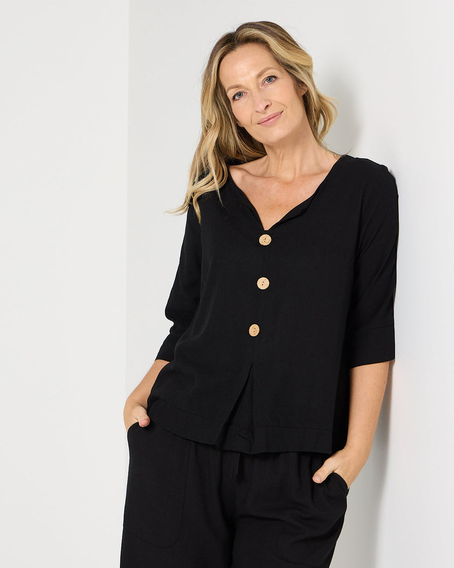 Mahri Linen Top - Black