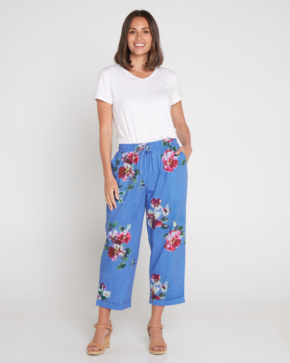 Kellie Washed Cotton Pants - Denim Floral