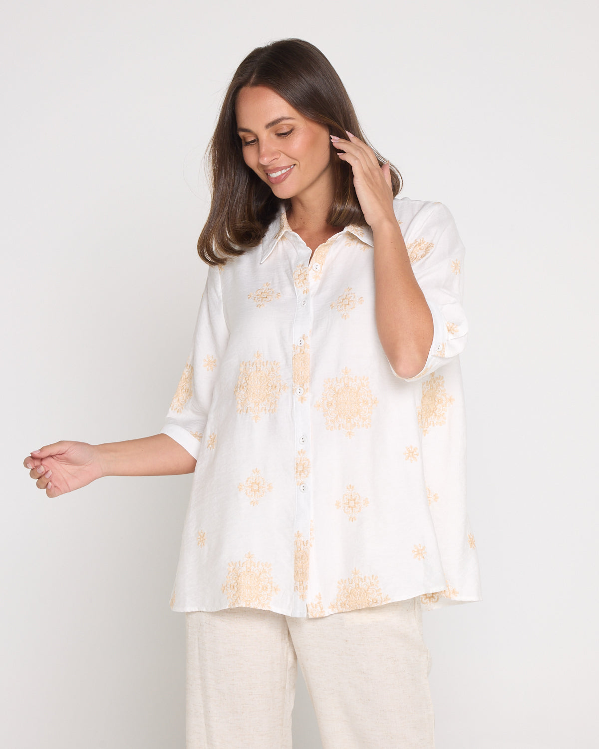 Cindy Shirt - Ivory/Beige Embroidered