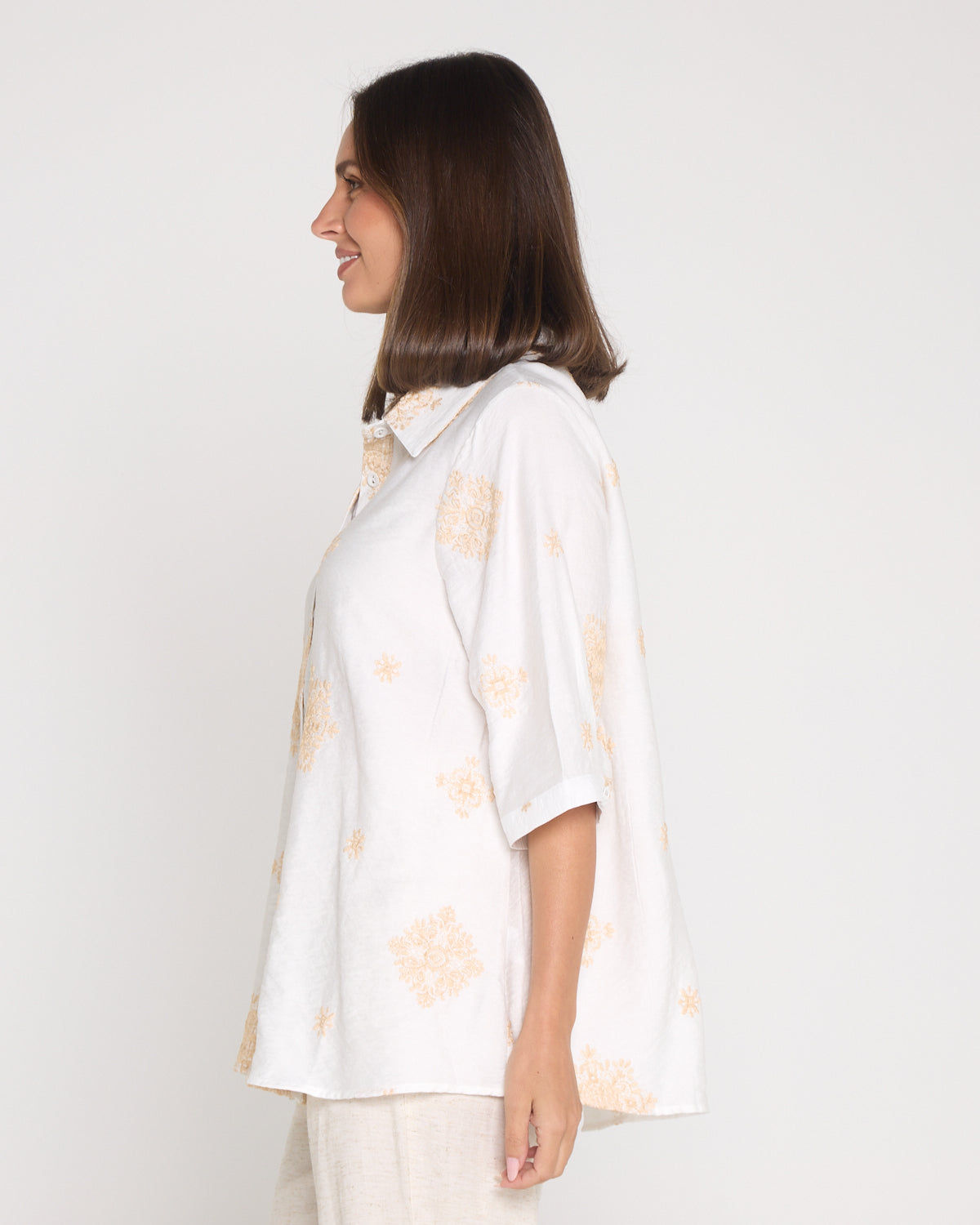 Cindy Shirt - Ivory/Beige Embroidered