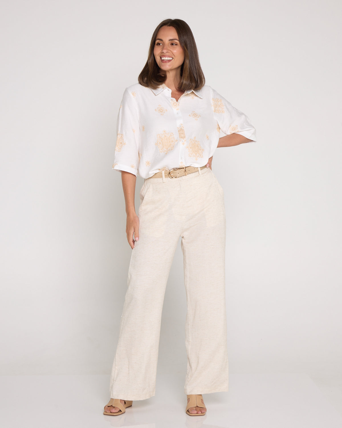 Cindy Shirt - Ivory/Beige Embroidered