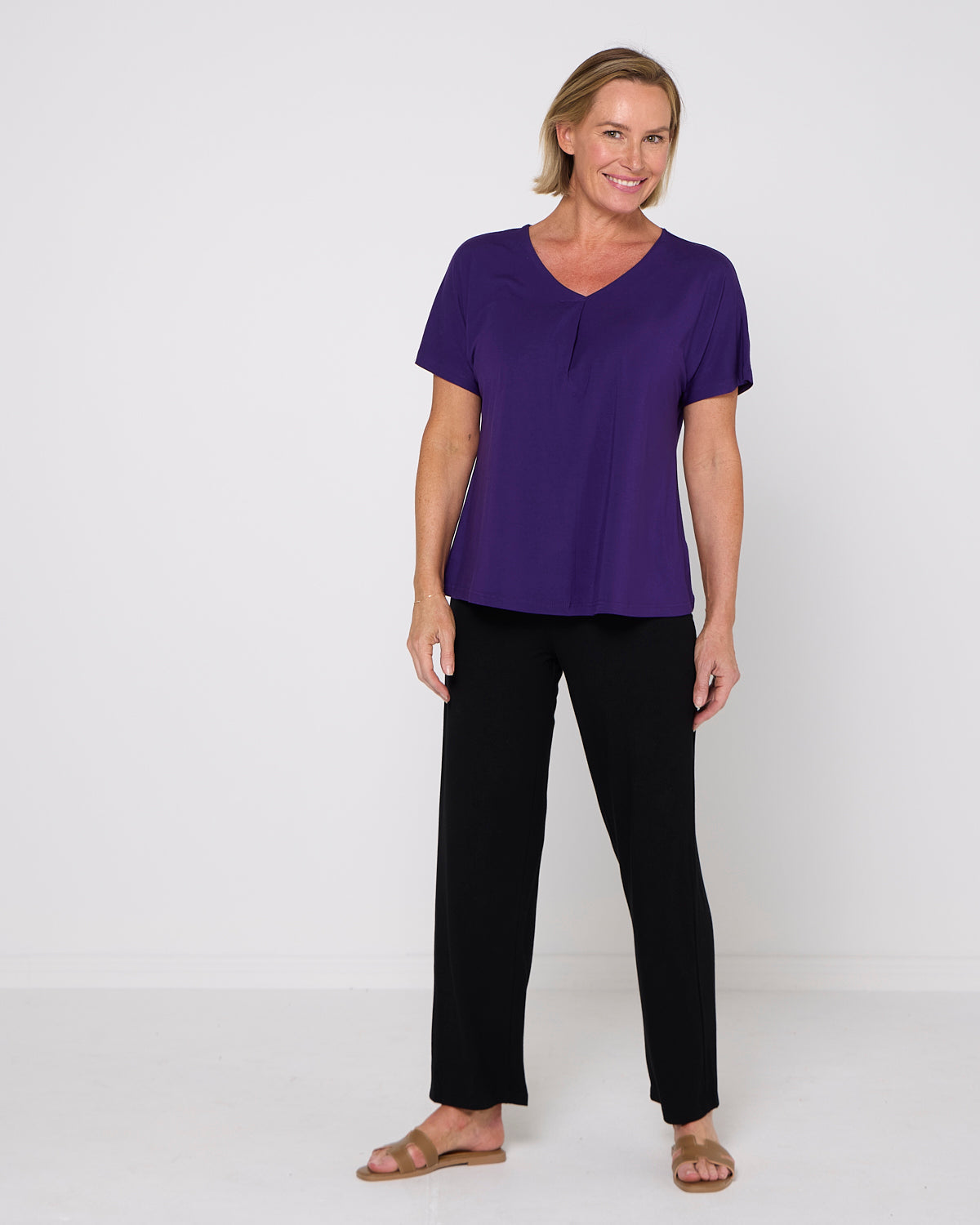 Pleat Neck Bamboo Tee - Eggplant
