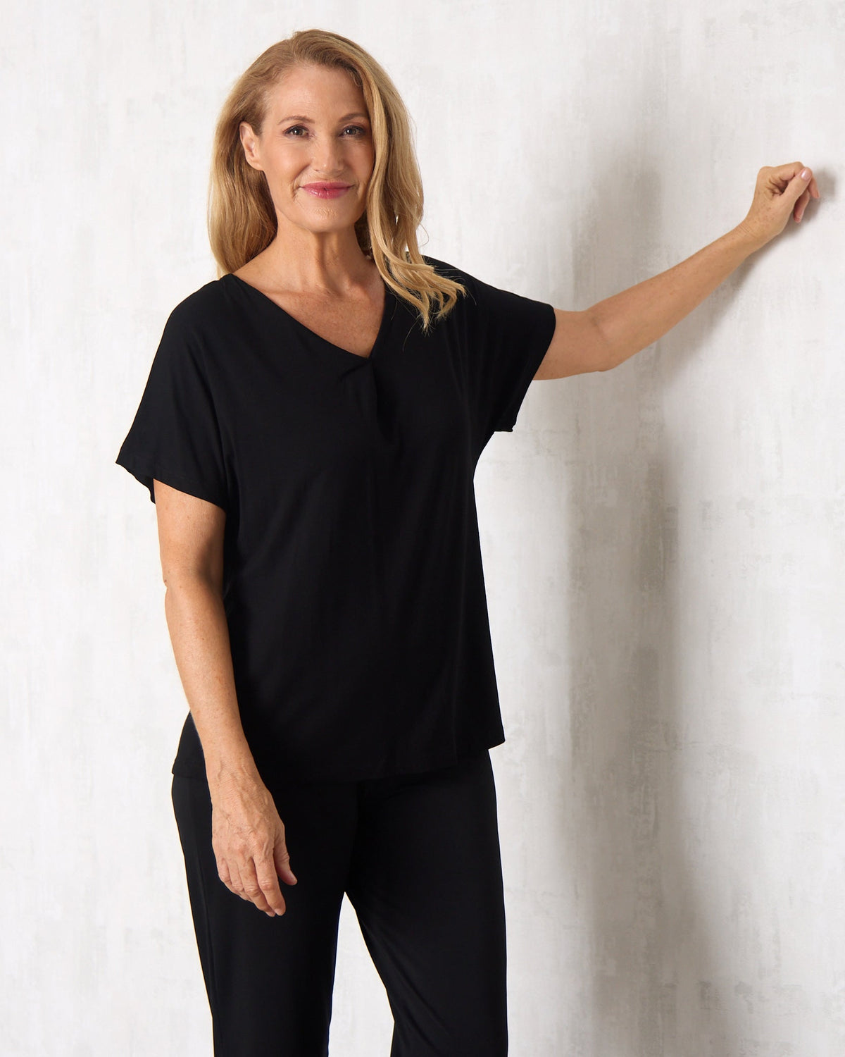 Pleat Neck Bamboo Tee - Black