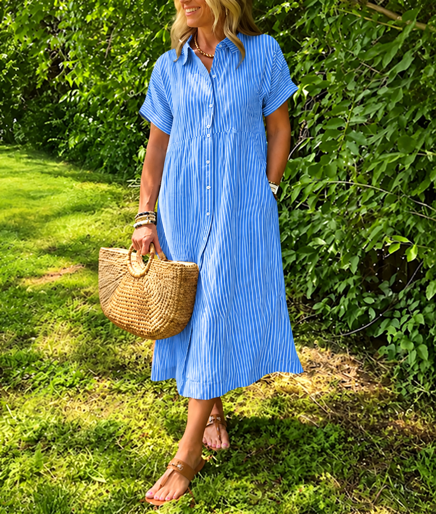 Marina™ Elegant Striped Maxi Shirt Dress