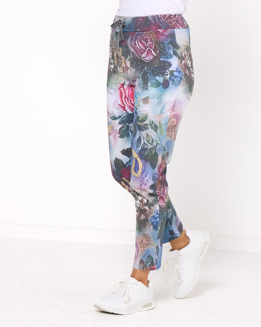 Everlee Pants - Blue Pink Roses